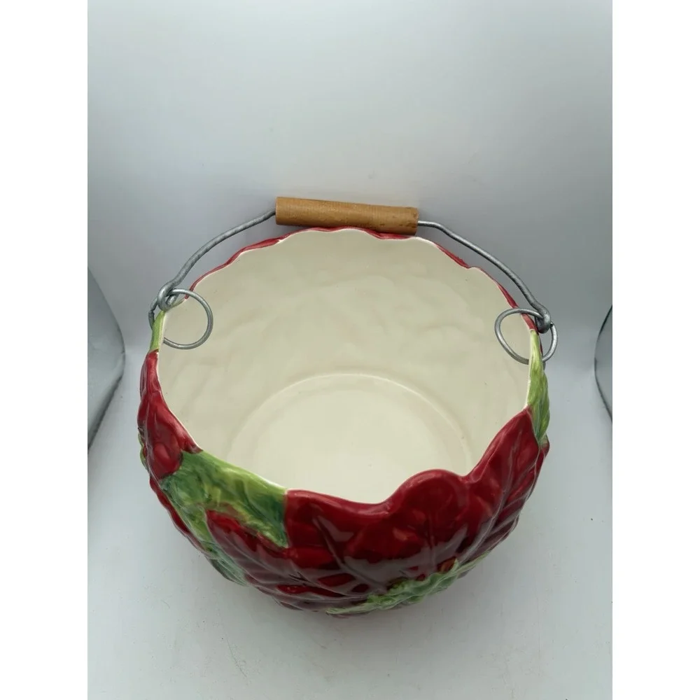 Maxcera Poinsettia Ceramic Basket Bowl Metal Wood Handle Christmas 8.5